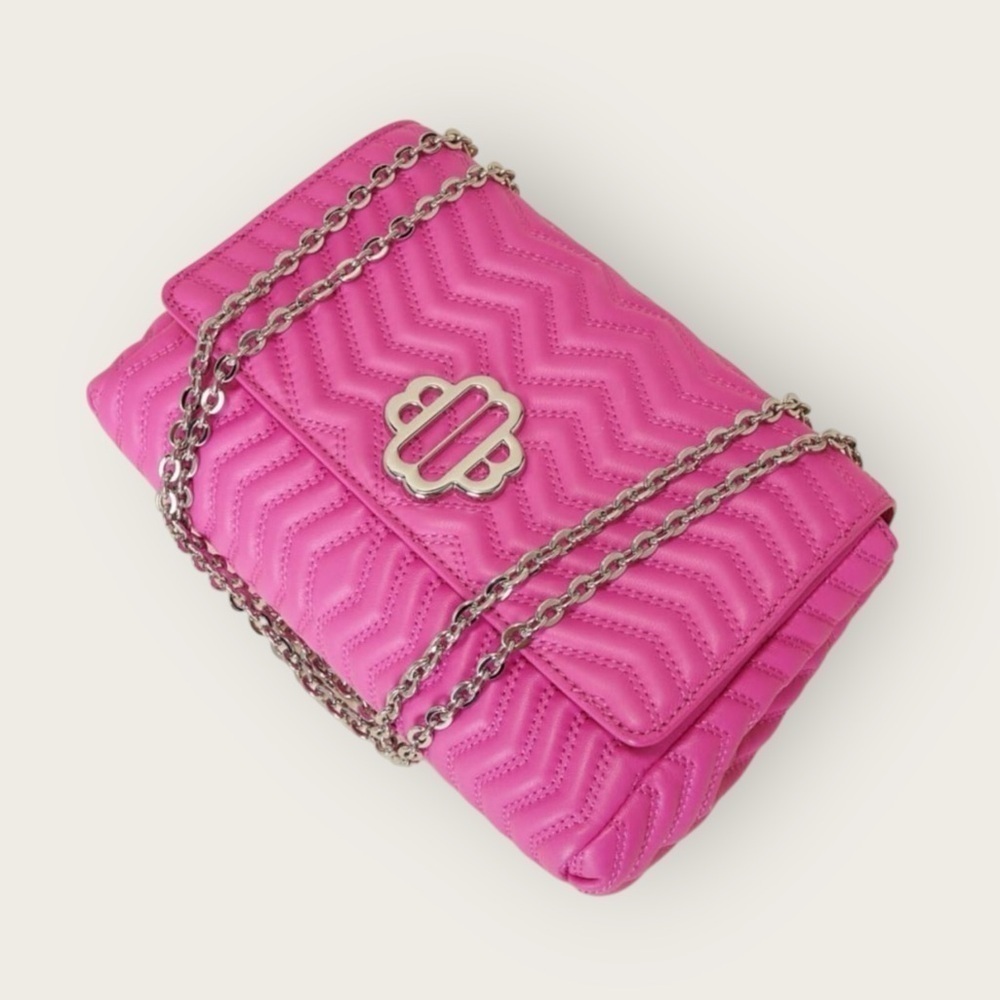 MAJE Clover Quilted Leather Crossbody Bag with Chain Strap. Fluo Pink #1547 NWT